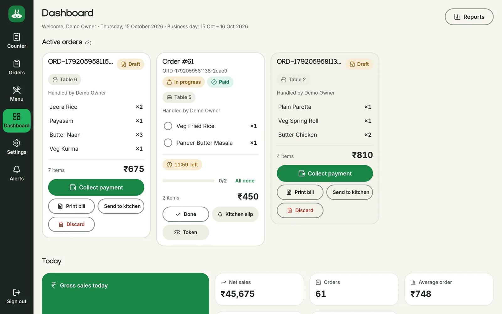 DishGrid dashboard showing three active table orders with payment and kitchen actions, and today's sales totals